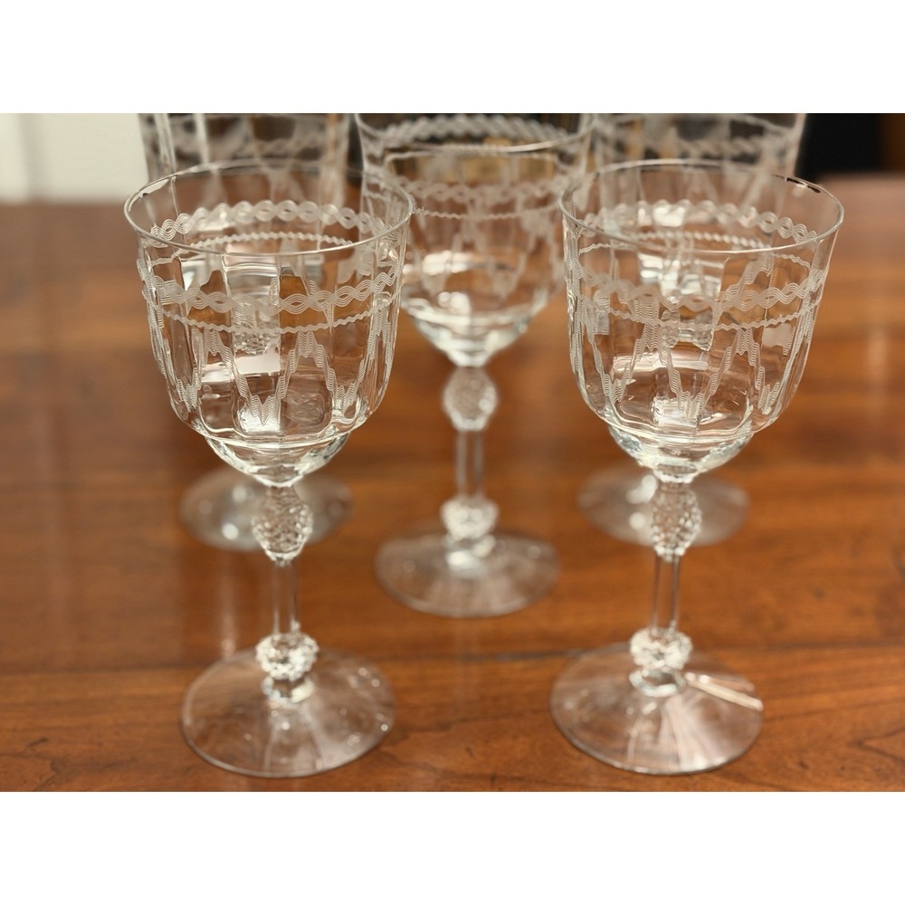 Set of 5 Fostoria Glass Castle Geometric‎ Needle Etch #87 Water Goblets 7.5"